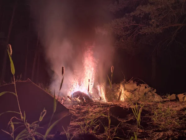 Oheň Přírodě Krb Uprostřed Lesa Nebezpečí Lesních Požárů — Stock fotografie