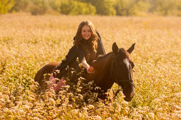 a girl riding a horse feeding him with a bold apple on the buckwheat field.