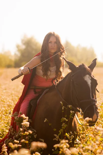 Πολεμιστής Όμορφο Κορίτσι Ένα Μαύρο Άλογο Ένα Ξίφος Στα Χέρια — Φωτογραφία Αρχείου
