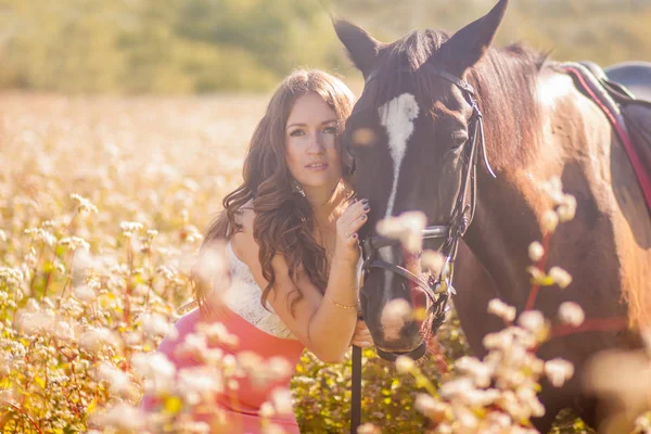 Retrato Uma Menina Pôr Sol Cavalo Morena Bela Preta Cavalo — Fotografia de Stock