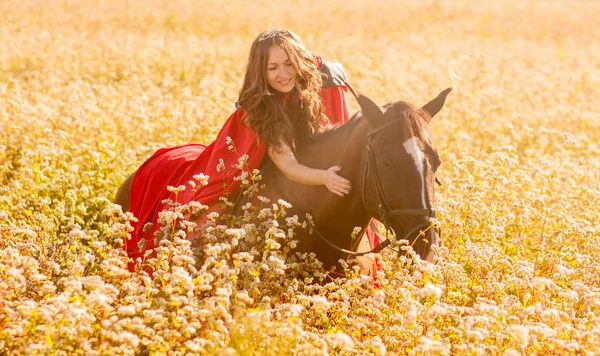 Rainha Linda Menina Rainha Morena Manto Vermelho Coroa Num Cavalo — Fotografia de Stock