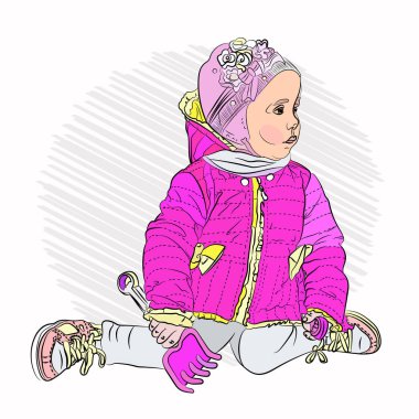 Çocuk kum. Kız Yaşı bir yıl. Avrupa güzel ve tatlı bir. stil vektör illüstrasyon izole beyaz arka plan üzerinde çizim. kum havuzunda oturuyor ve heyecanla kum güpegündüz kazıyor. kum ile oynamak.
