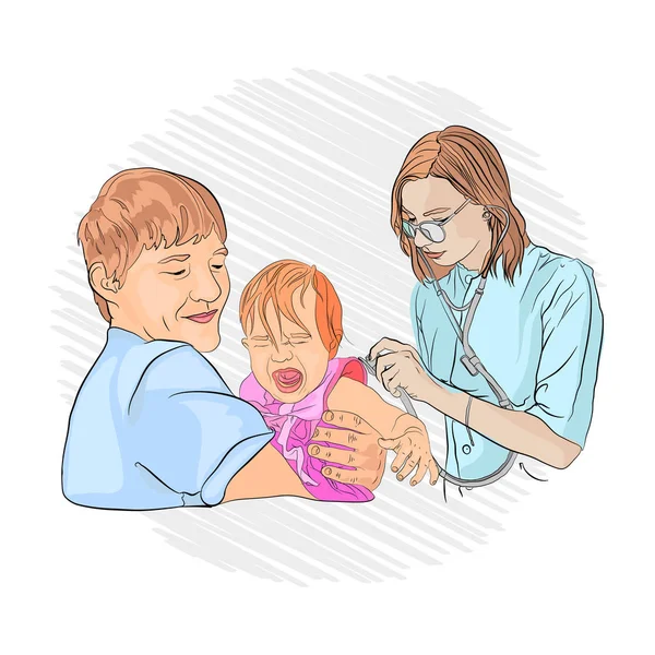 Pneumonia Numa Criança Pediatra Examina Bebê Nas Mãos Pai Ouvir — Vetor de Stock