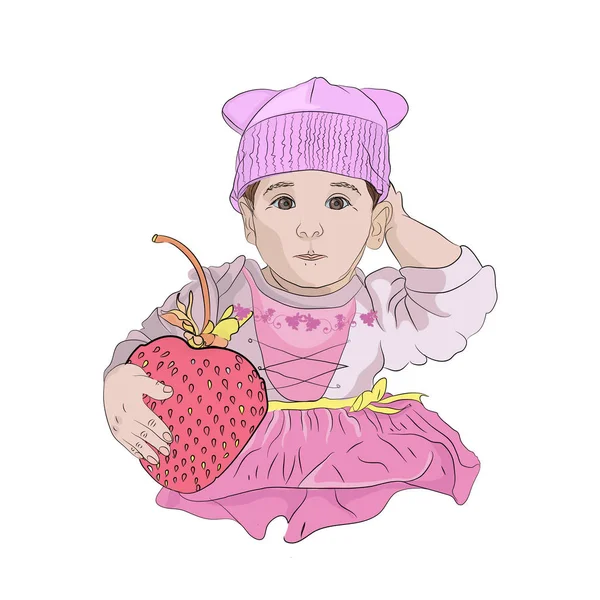 彼女の手で巨大なイチゴのかわいい女の子 ベクトル イラスト スケッチ スタイル — ストックベクタ