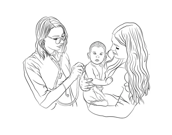 Bebê Doente Tratamento Pediatra Ilustração Sobre Fundo Branco Estilo Esboço — Vetor de Stock