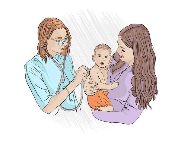 bir çocuk doktoru tarafından muayene. Doktor ziyaret. Bir doktor bir stetoskop ile anne s kollarında küçük bir çocuk inceliyor. tıbbi araştırma. Vektör çizim beyaz izole arka planda. Stil çizimi