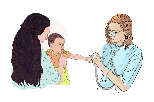 Chica Brazos Madre Recepción Pediatra Médico Escucha Niño Pequeño Con — Vector de stock