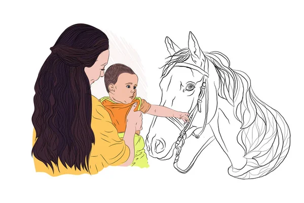 Контактный Зоопарк Мать Ребенок Лошадью Ребенок Интересом Тянет Руку Лошади — стоковый вектор
