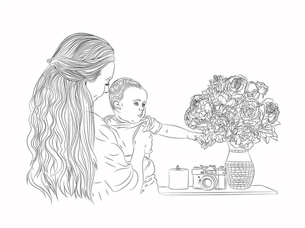 Matka Dziecko Razem Szczęśliwy Macierzyństwa Dzieciństwa Ilustracja Białym Tle Szkicowanie — Wektor stockowy