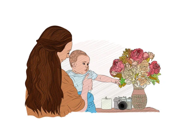 Μωρό Μαμά Οικογένεια Έννοια Παιδί Ανάμεσα Στα Λουλούδια Vector Εικονογράφηση — Διανυσματικό Αρχείο