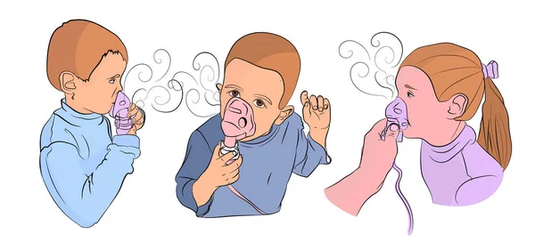 Children Treated Inhaler Treatment Children Children Sick Cold Season Vector — Stock Vector