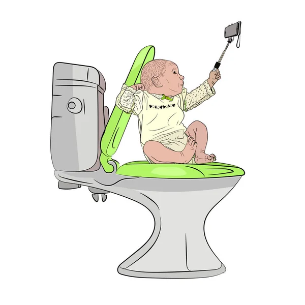 Enfants Concept Technologie Petit Bébé Enfant Sur Les Toilettes Fait — Image vectorielle