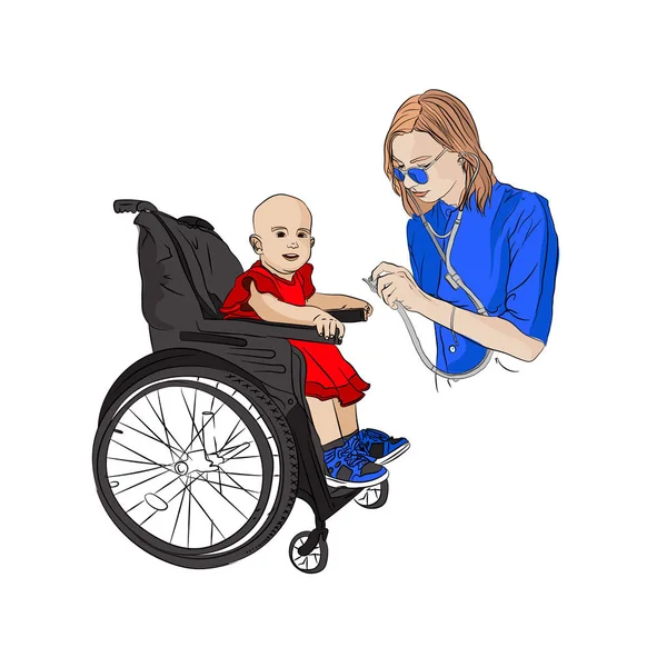 Enfant Est Handicapé Fille Réception Médecin Pédiatre Médecin Stéthoscope Bilan — Image vectorielle