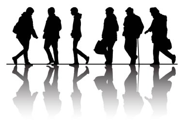 Yaşlı adam bir yürüyüş için. sakatlık. yürüyüş turu. Erkekler ve kadınlar. beyaz izole arka plan üzerinde siyah vektör