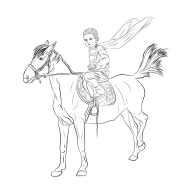 akşam yemeği kahraman küçük bir çocuktur. uçan bir pelerin ile bir at binme bir çocuk. vektör illüstrasyon izole beyaz arka plan üzerinde