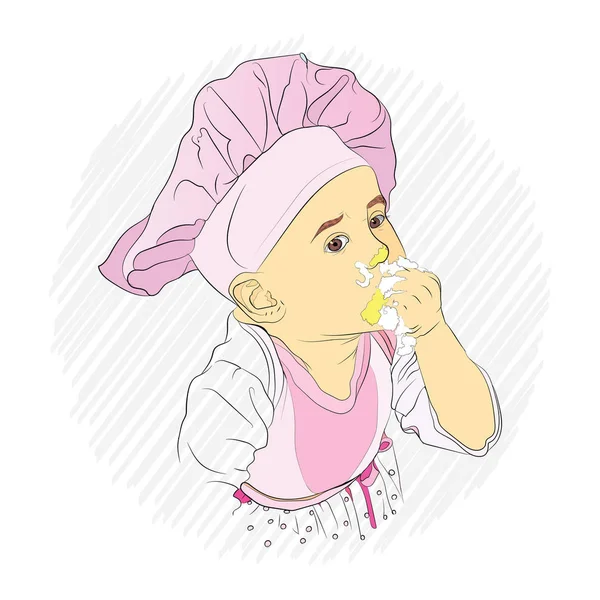 儿童菜单 厨师帽上的厨师吃蛋糕 一个可爱的婴儿素描技术 — 图库矢量图片