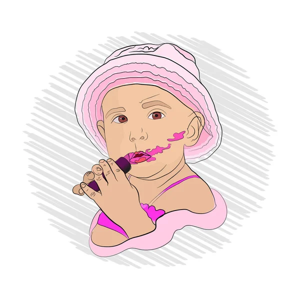 Маленькая Девочка Красит Губы Маминой Помадой Симпатичная Девушка Розовой Шляпе — стоковый вектор