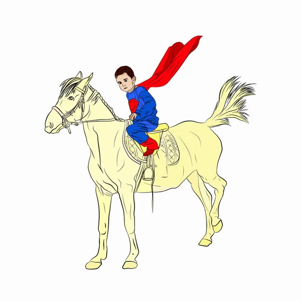 Dziecko Ubrane Jako Zwolennik Bohatera Płaszcz Koniu Chase Ilustracja Wektorowa — Wektor stockowy
