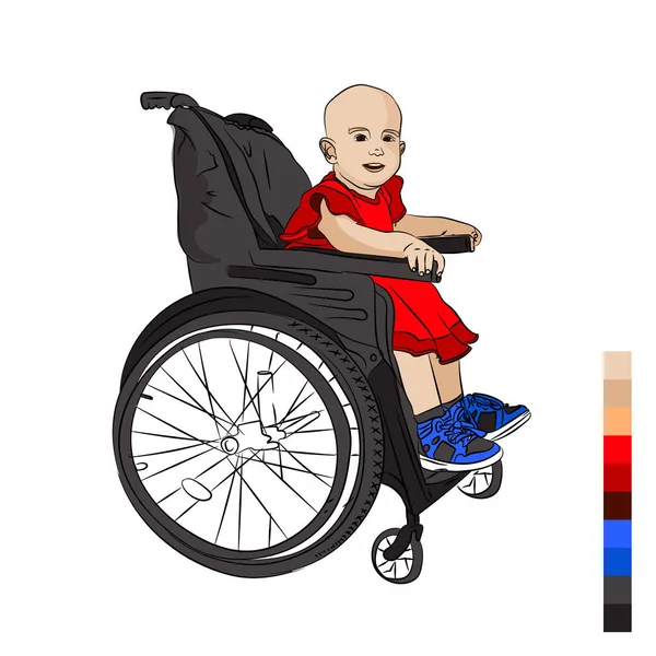かわいい赤ちゃんは無効です 車椅子 白血病 ザリガニ 化学療法の結果ははげてます 白のベクトル図は 背景を分離しました スケッチ スタイル — ストックベクタ