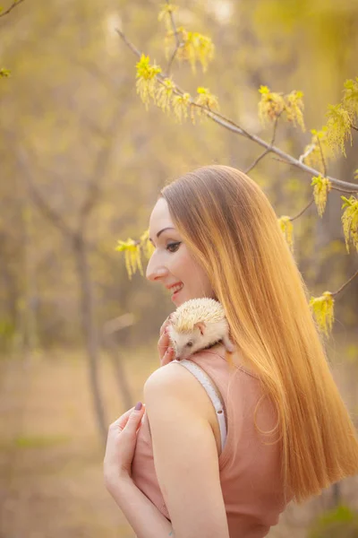 Hedgehog sentado no ombro de uma menina bonita . — Fotografia de Stock