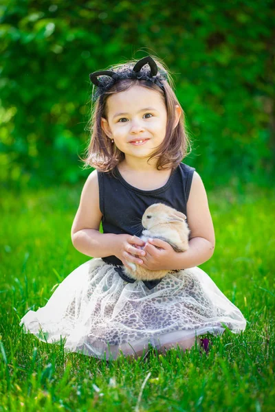 Retrato de una linda niña con un conejo en sus brazos . —  Fotos de Stock
