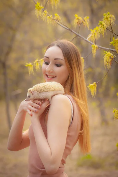 Portret van een mooi meisje met een egel op zijn schouder. — Stockfoto