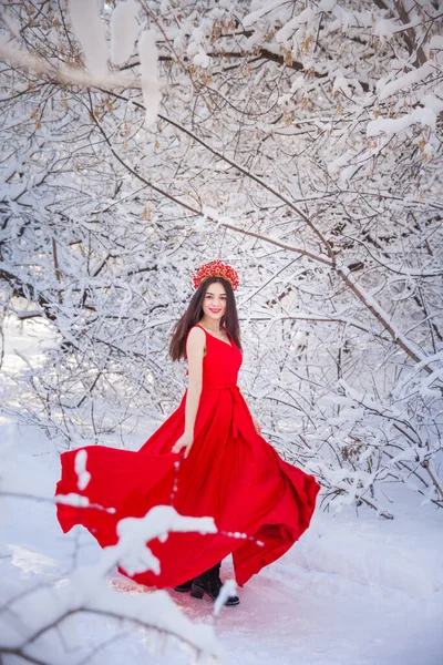 Królowa Czerwonej Koronie Wśród Lasów Zimowych Urocza Dziewczyna Czerwonej Długiej — Zdjęcie stockowe