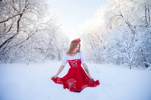 Reina Una Corona Roja Entre Bosque Invierno Una Chica Encantadora —  Fotos de Stock