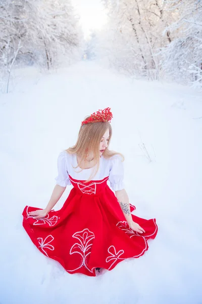 Rainha Uma Coroa Vermelha Entre Floresta Inverno Menina Encantadora Uma — Fotografia de Stock