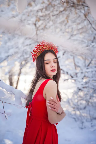 Queen in a red crown among the winter forest. Lovely girl in a — Stock Photo, Image