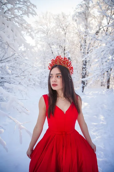 Rainha em uma coroa vermelha entre a floresta de inverno. Menina encantadora em um — Fotografia de Stock