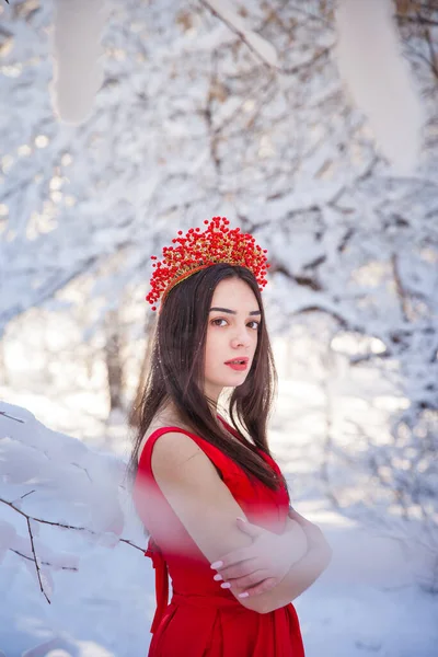 Queen in a red crown among the winter forest. Lovely girl in a — Stock Photo, Image