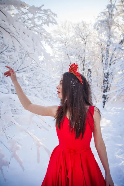 Rainha em uma coroa vermelha entre a floresta de inverno. Menina encantadora em um — Fotografia de Stock