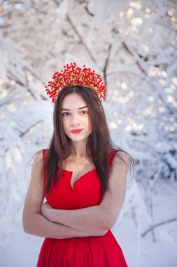 Kış ormanları arasında kırmızı taç giyen kraliçe. Sevimli bir kız