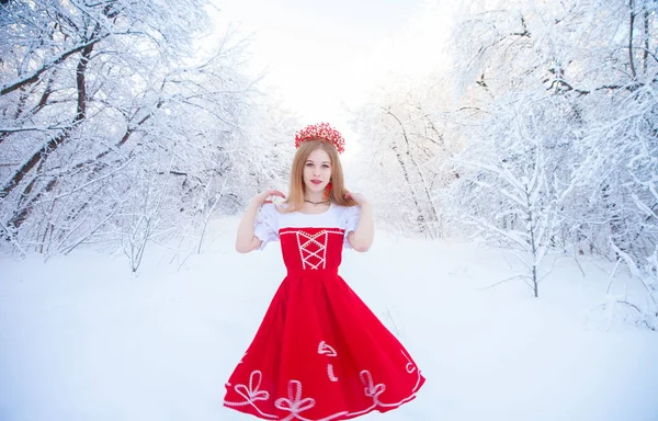 Rainha Uma Coroa Vermelha Entre Floresta Inverno Menina Encantadora Uma — Fotografia de Stock