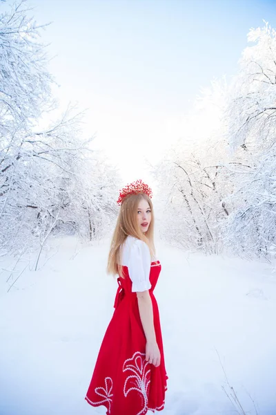 Regina Una Corona Rossa Tra Foresta Invernale Bella Ragazza Con — Foto Stock