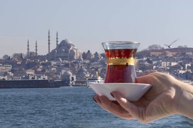 El, Istanbul 'un Sultanahmet Camii 'nin arka planında bir fincan Türk çayı tutuyor. Konsept: Istanbul 'a hoş geldiniz, Türkiye