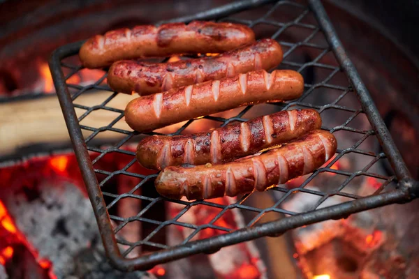 Mangal üzerinde orman akşam yemeği turist. Lezzetli sosisler ormanda akşam ateşinde kızartılır. ormanda et akşam yemeği Traveler ölen köz
