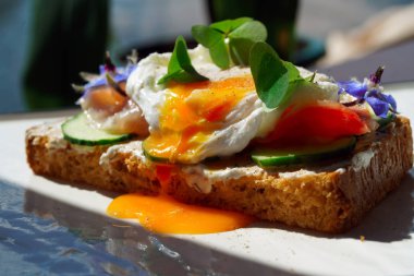 Smorrebrod, füme somon ile Danimarkalı açık sandviç, kaşığı yumurta ile kare