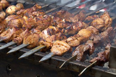 Et parçaları, ızgarada şiş üstünde yanan bir arkadaştır. Kapat.