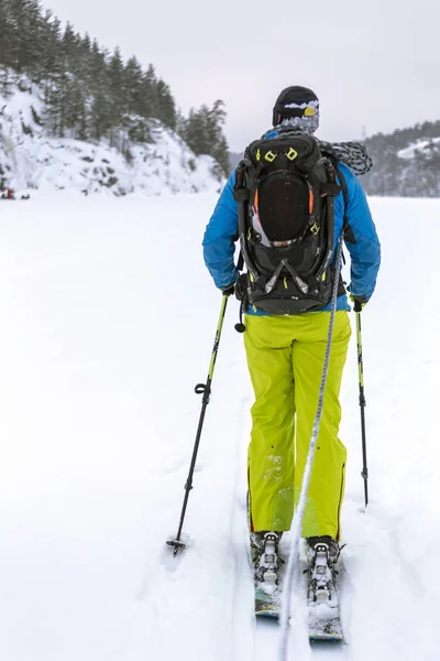 Jovem desportista em esquis na floresta com uma tarde de inverno com as costas, o conceito de esportes de inverno e saúde — Fotografia de Stock