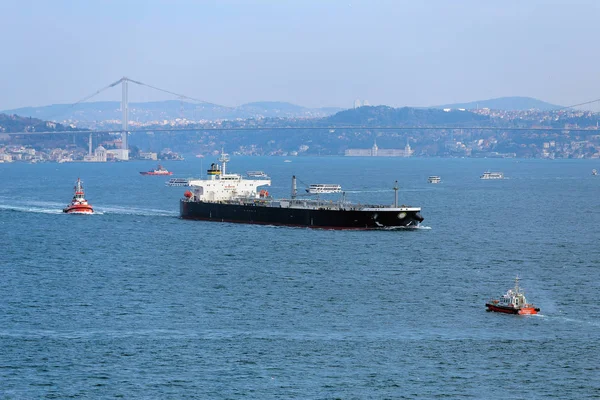 Большой грузовой контейнерный корабль, проходящий через Босфор, Стамбул, панорама боссора — стоковое фото