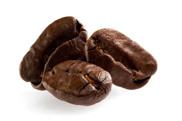 Three coffee beans on white background. isolate. close up — Stock Photo, Image