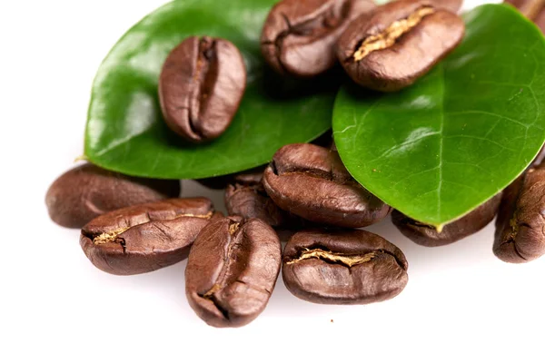 Grãos de café com duas folhas verdes em um fundo branco, isolar. conceito: frescura de grãos de café . — Fotografia de Stock