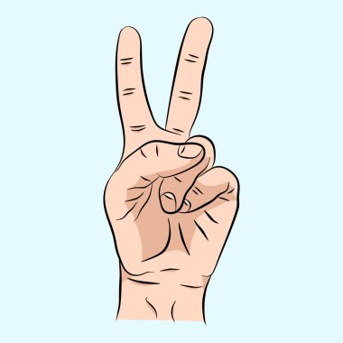 El işareti zafer işareti veya barış işareti veya makas. Vektör renk illüstrasyon izole mavi bir arka plan üzerinde. Web, poster, bilgi grafiği.