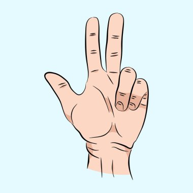 kroki el işareti üç parmak. Vektör renk illüstrasyon izole mavi bir arka plan üzerinde. Web, poster, bilgi grafiği.