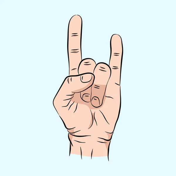 Boceto de la mano signo rock n roll música, ilustración vectorial aislado sobre un fondo azul. Signo de mano para web, póster, infografía — Vector de stock