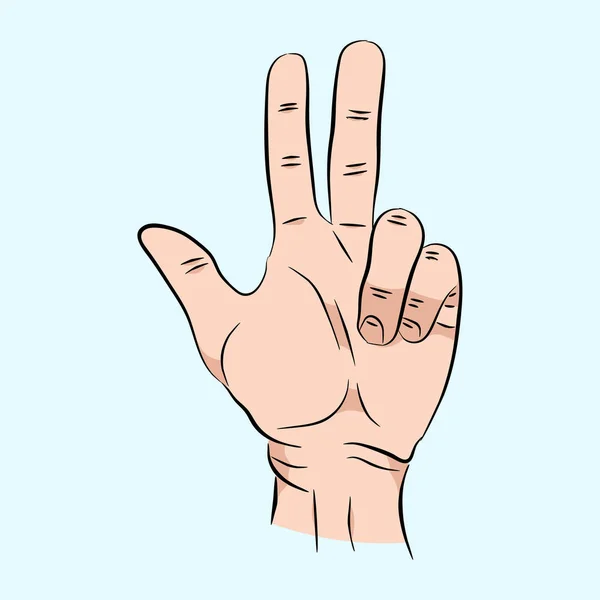 Ескіз знака "Рука" три пальці. Векторна кольорова ілюстрація ізольована на синьому фоні. Для інтернету, плаката, інформаційної графіки . — стоковий вектор
