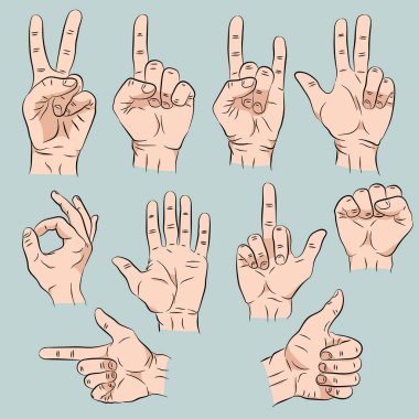 El farklı hareketleri duygular ve beyaz arka plan izole vektör çizim işaretleri