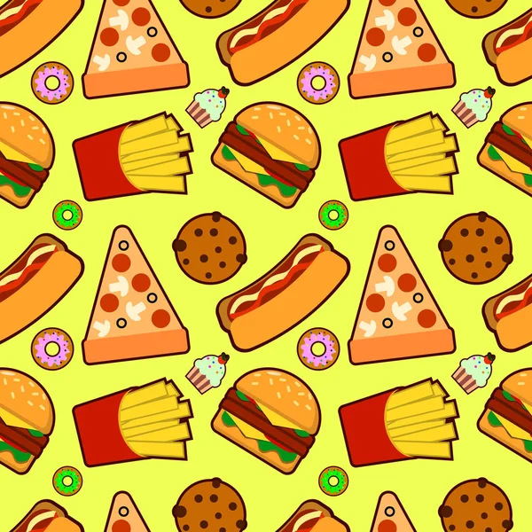 Patrón sin costura vectorial con comida rápida americana. Fondo colorido divertido y brillante. Fondos de pantalla con una imagen sabrosa pie . — Archivo Imágenes Vectoriales